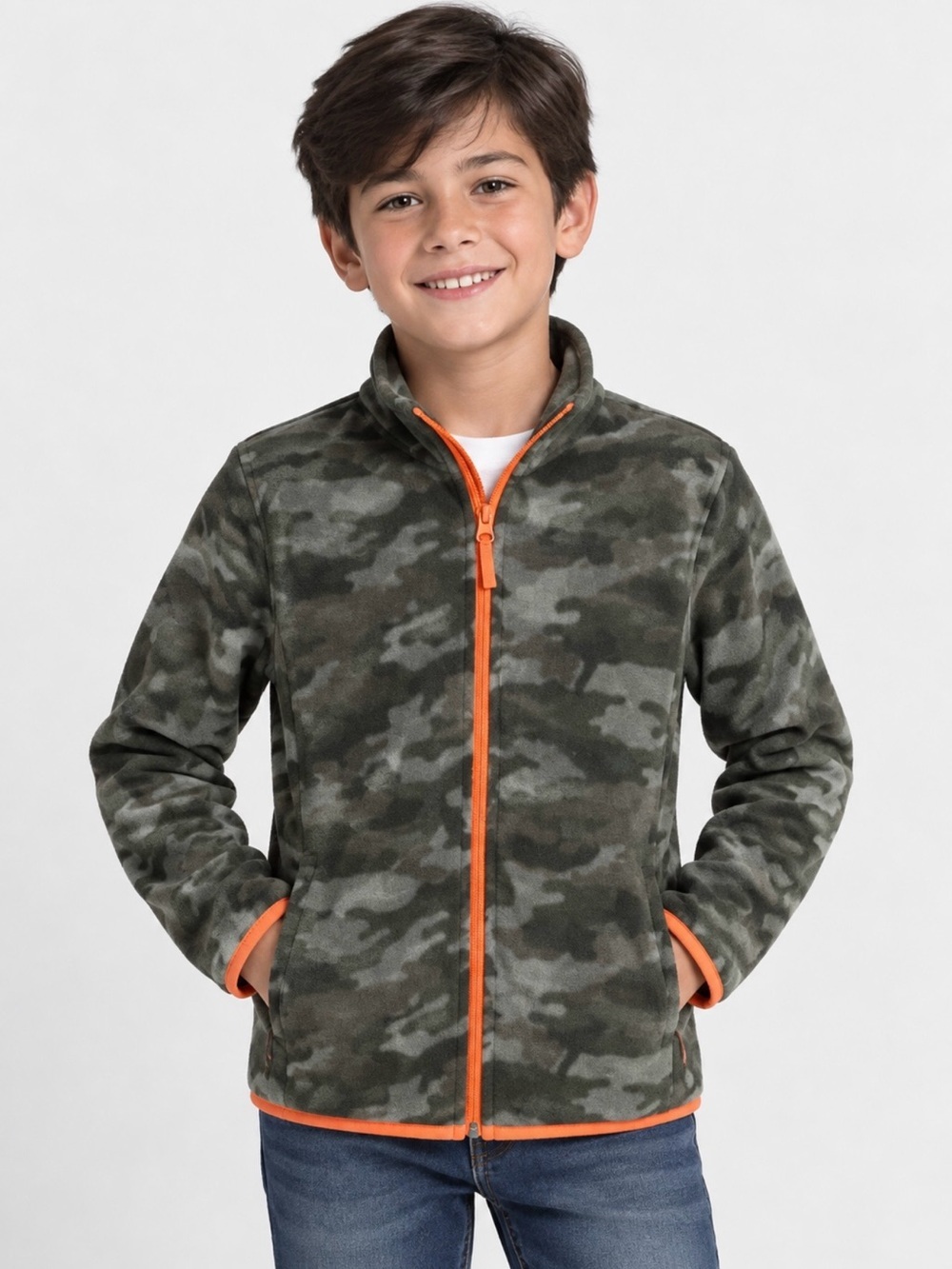 Amazon Essentials Boys L(9/10) Camo Full Zip Fleece Jacket Orange Trim
